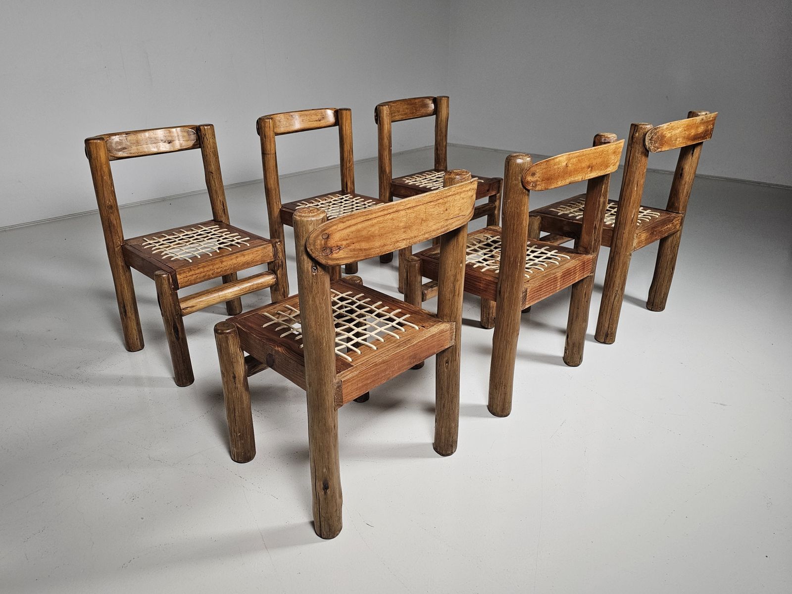 Set Of 6 Solid Pine Wood And Leather Brutalist Dining Chairs, Belgium, 1970s photo 1700.0