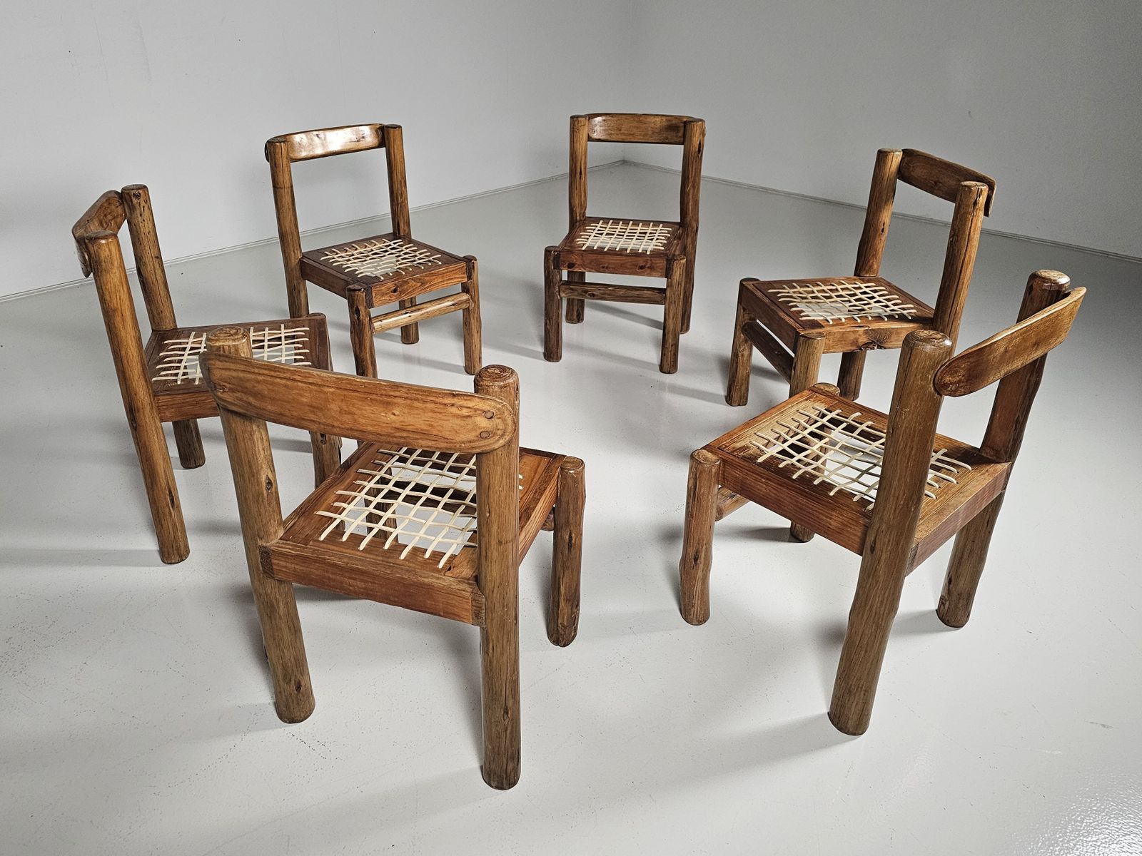 Set Of 6 Solid Pine Wood And Leather Brutalist Dining Chairs, Belgium, 1970s photo vinterior
