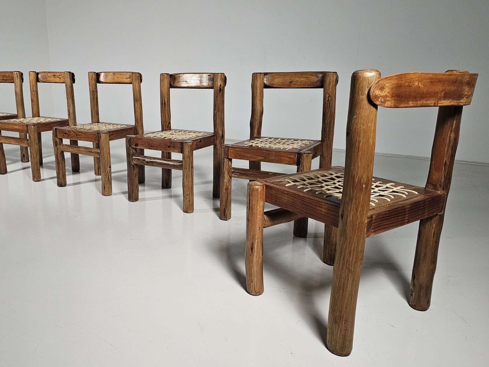photo furniture Set Of 6 Solid Pine Wood And Leather Brutalist Dining Chairs, Belgium, 1970s