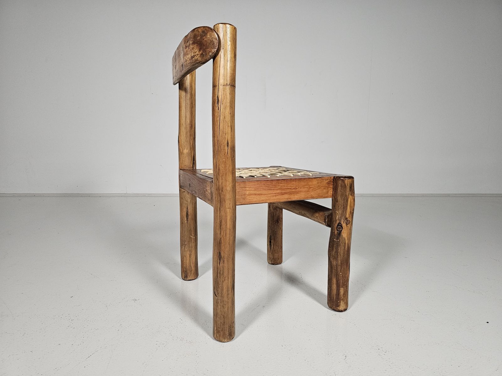 photo for sale Set Of 6 Solid Pine Wood And Leather Brutalist Dining Chairs, Belgium, 1970s