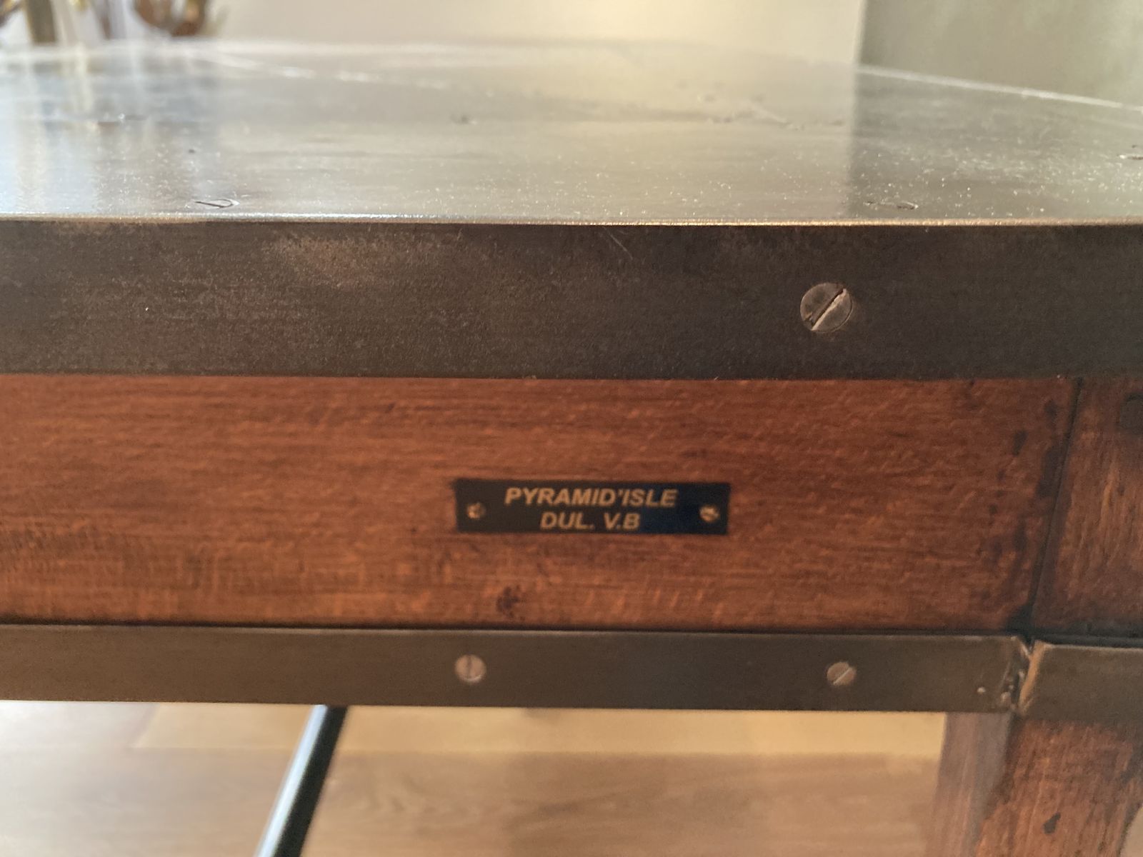 French Vintage Haberdasher’s Table With Decorative Metal Top And Drawers. photo for sale