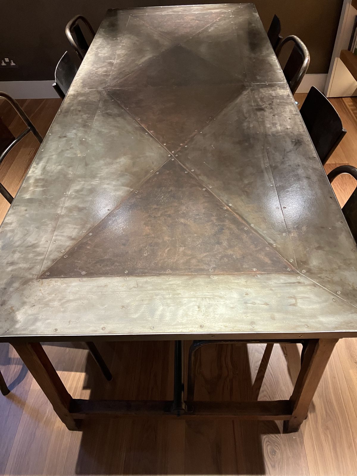 photo furniture French Vintage Haberdasher’s Table With Decorative Metal Top And Drawers.