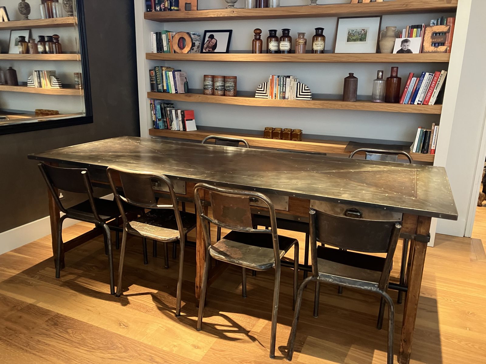 French Vintage Haberdasher’s Table With Decorative Metal Top And Drawers.