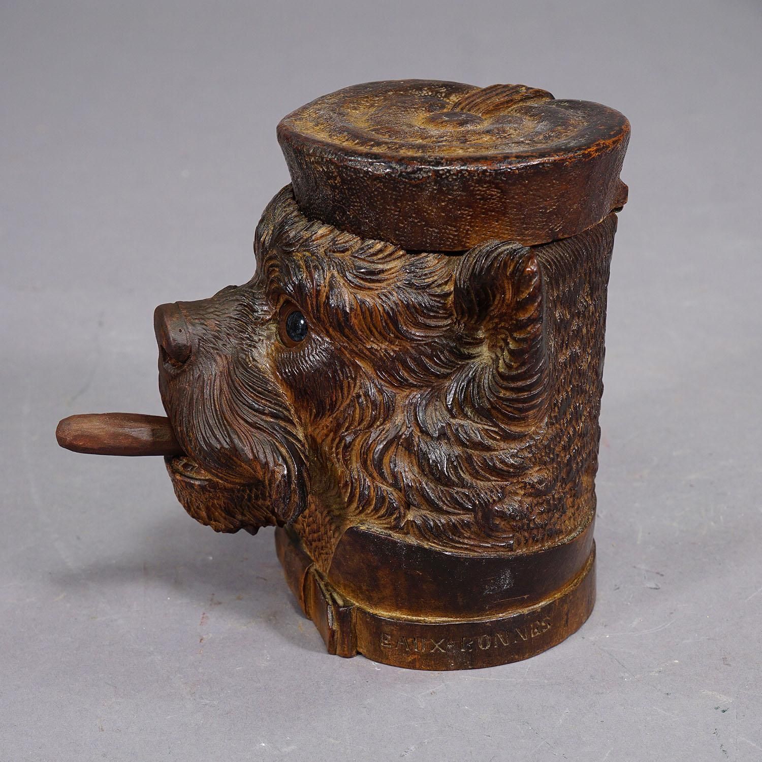 Wooden Carved Black Forest Tobacco Box Terrier Head Ca. 1900 photo for sale
