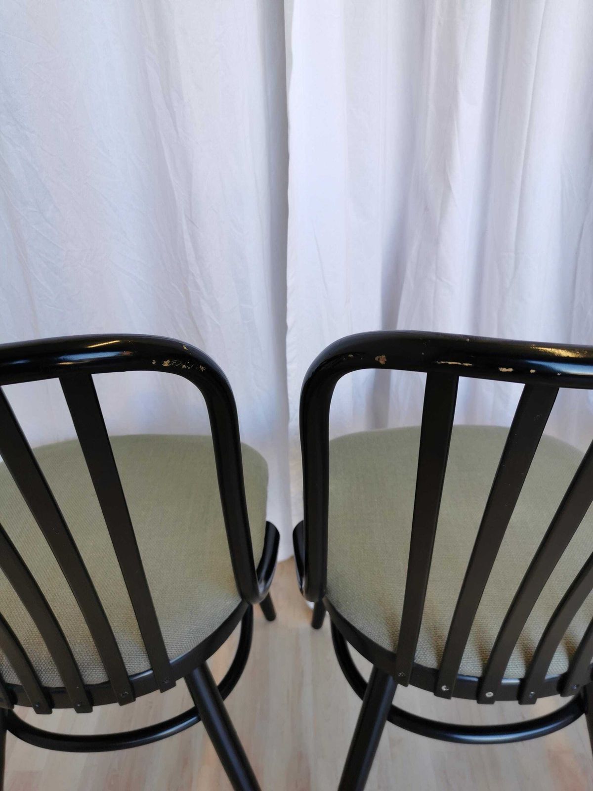 Set Of 4 Vintage Wooden Dine Chairs / 1980s Yugoslavia / Made In Ligna Style / Black Bentwood Mid Century Dining Chairs Gray Fabric Seat photo vinterior