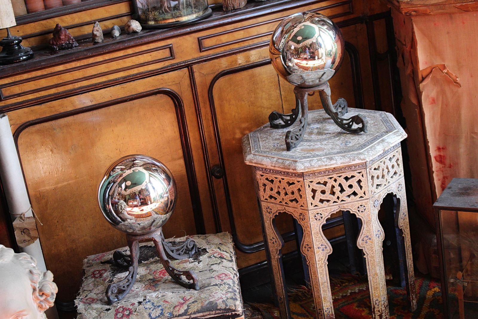 Early 20th Century Pair Of Mirror Witches Balls On Bronze Stands photo Home Decor
