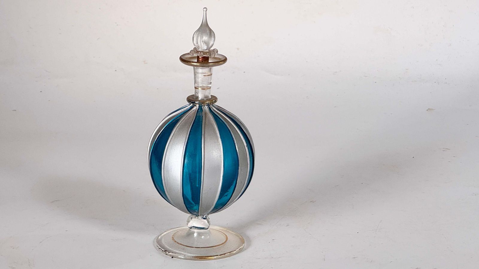 320.0 1960s Venetian Hand Painted Perfume Bottle, Light Glass With Gold Accents photo