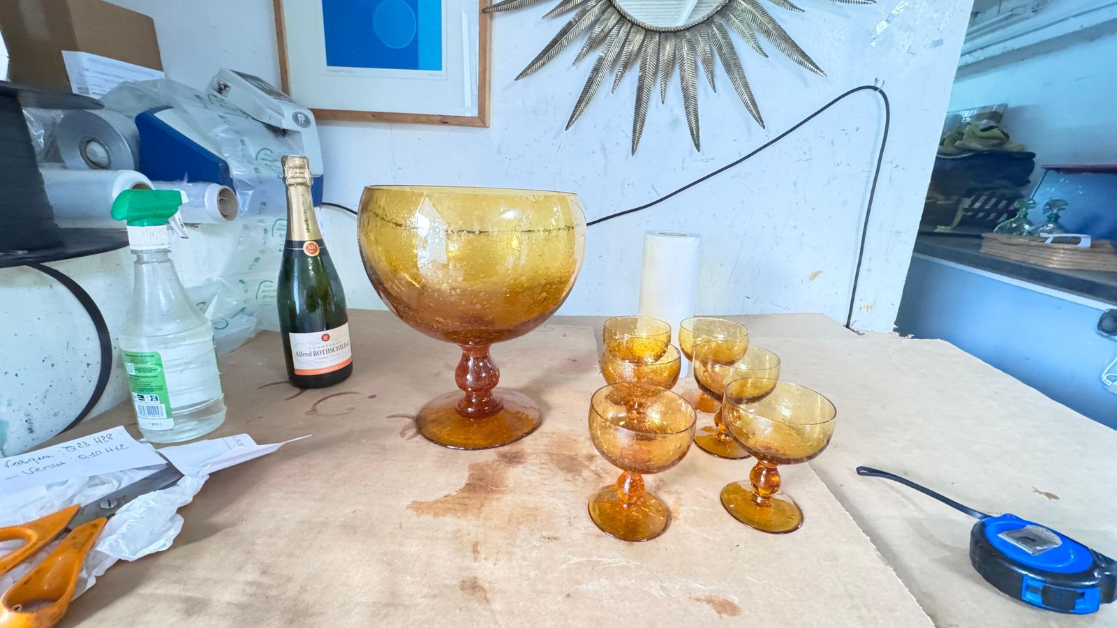 1970s Biot Glass Fruit Bowl & Cocktail Set, Yellow Orange Bubble Glass France photo furniture