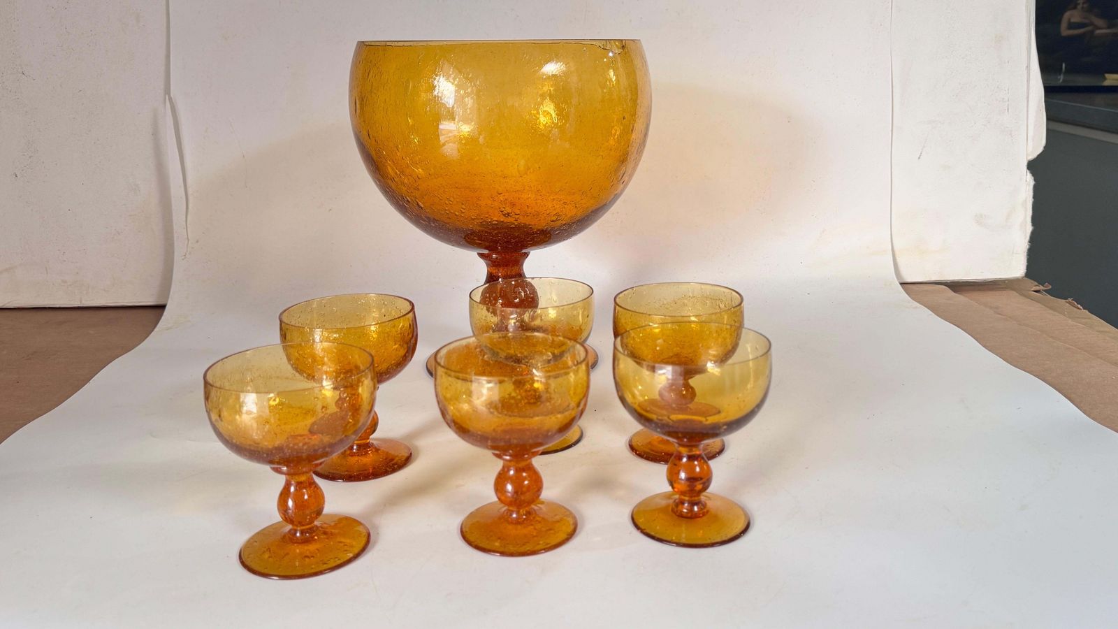 1970s Biot Glass Fruit Bowl & Cocktail Set, Yellow Orange Bubble Glass France photo for sale
