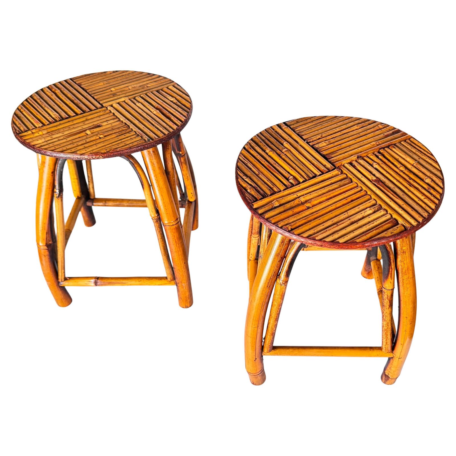 Pair Of 1950s French Riviera Stools, Woven Rattan And Bamboo, Vibrant Geometric