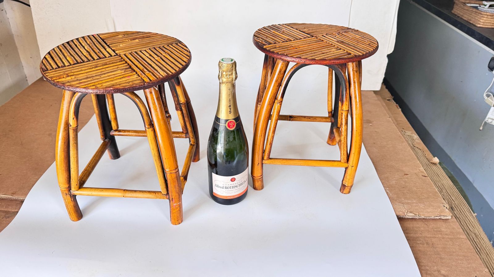 Pair Of 1950s French Riviera Stools, Woven Rattan And Bamboo, Vibrant Geometric photo furniture