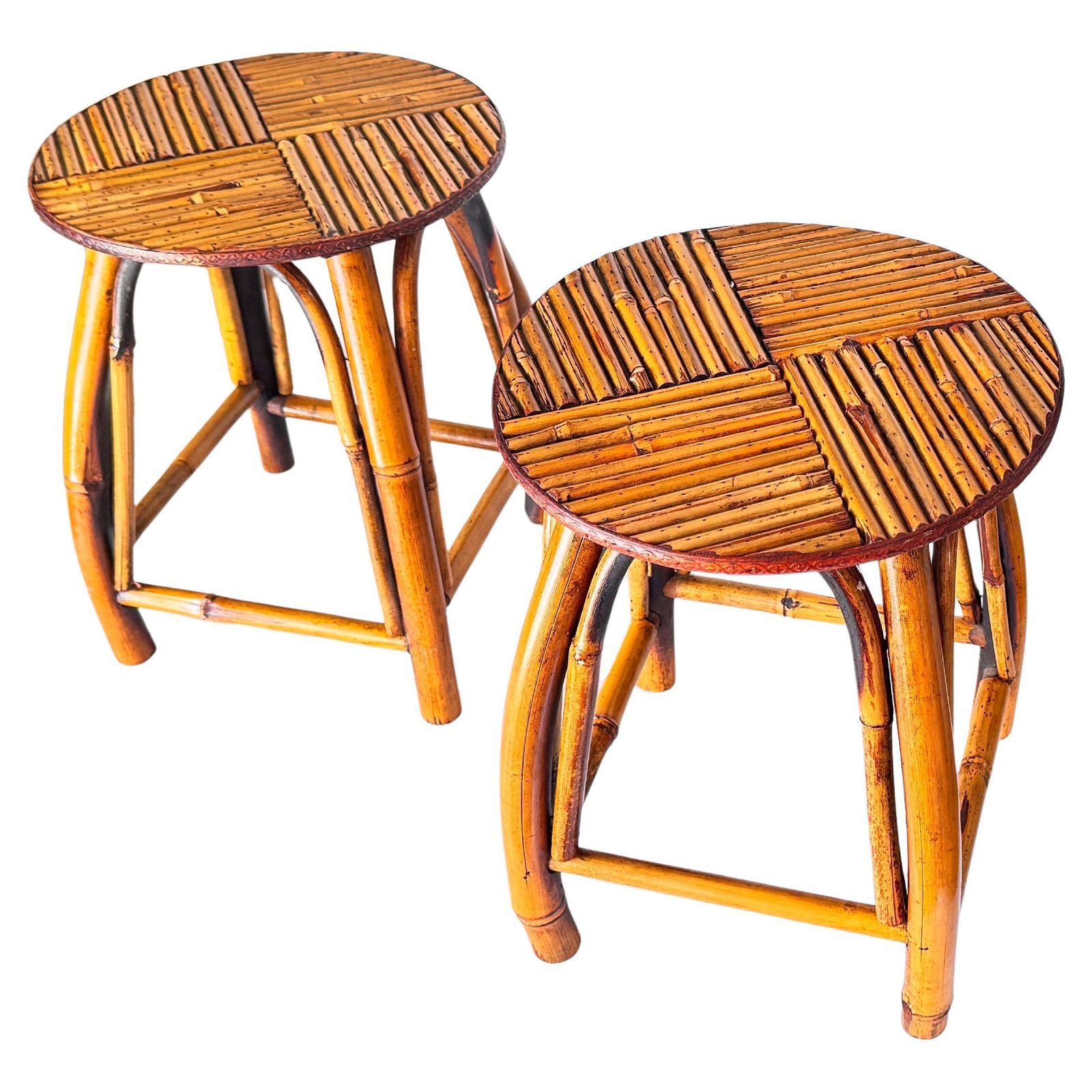 Pair Of 1950s French Riviera Stools, Woven Rattan And Bamboo, Vibrant Geometric photo for sale