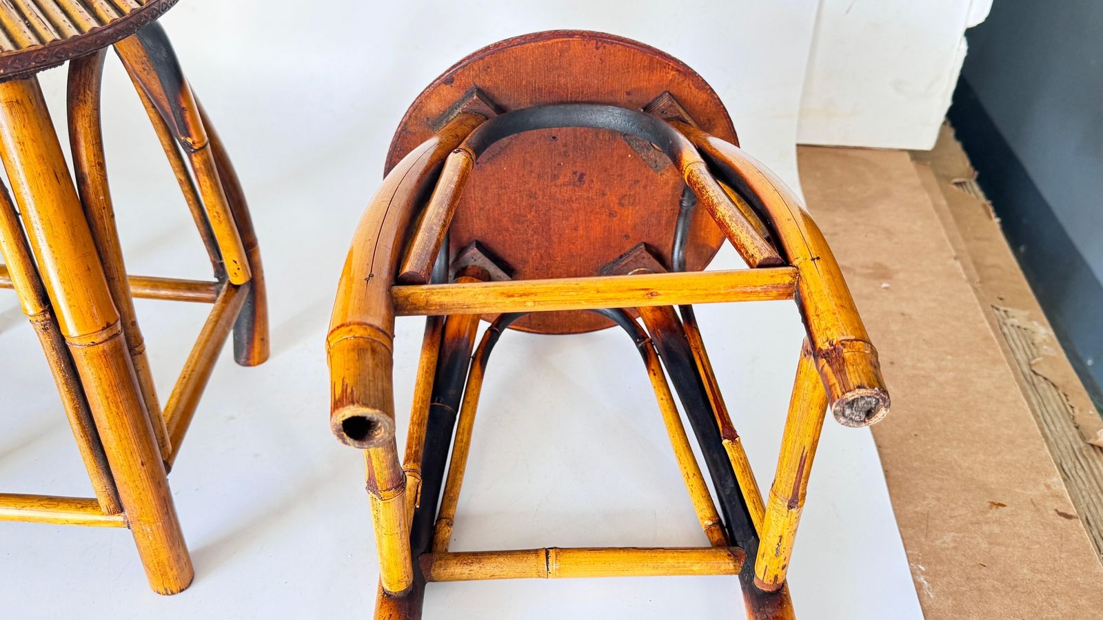 Furniture Pair Of 1950s French Riviera Stools, Woven Rattan And Bamboo, Vibrant Geometric photo