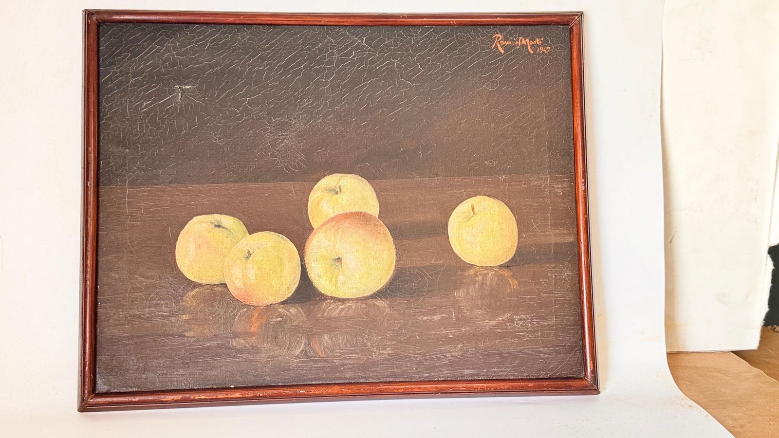 Still Life Oil On Canvas: Apples With Light And Shadow, Dark Wood Frame photo vinterior