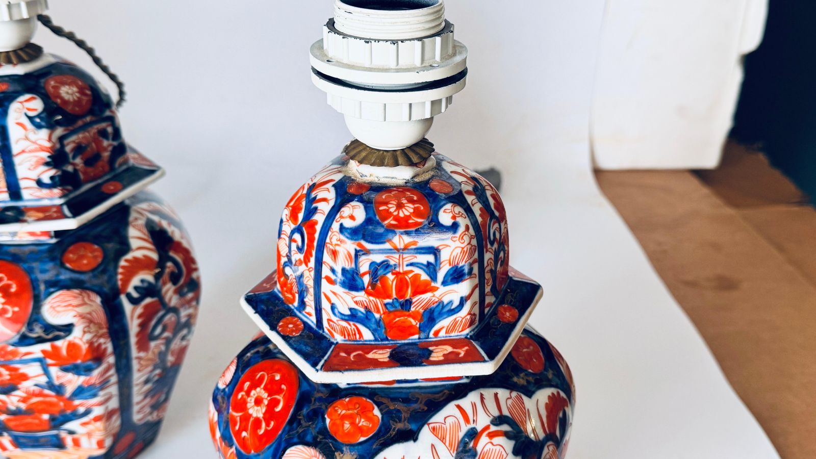 Pair Of Early 20th Century Japanese Table Lamps, Floral Motifs, Orange And Blue photo Lighting