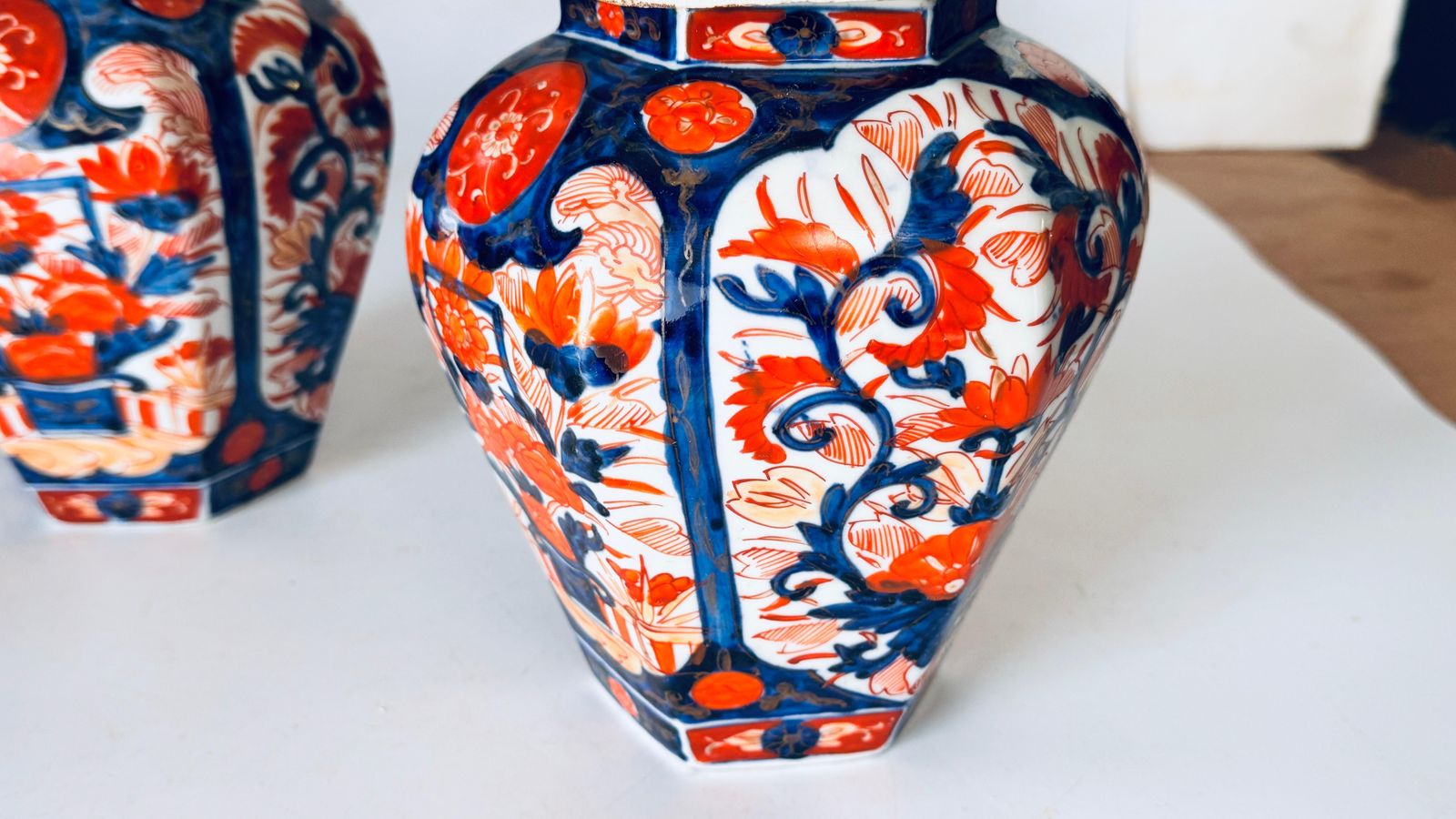 Pair Of Early 20th Century Japanese Table Lamps, Floral Motifs, Orange And Blue photo buy