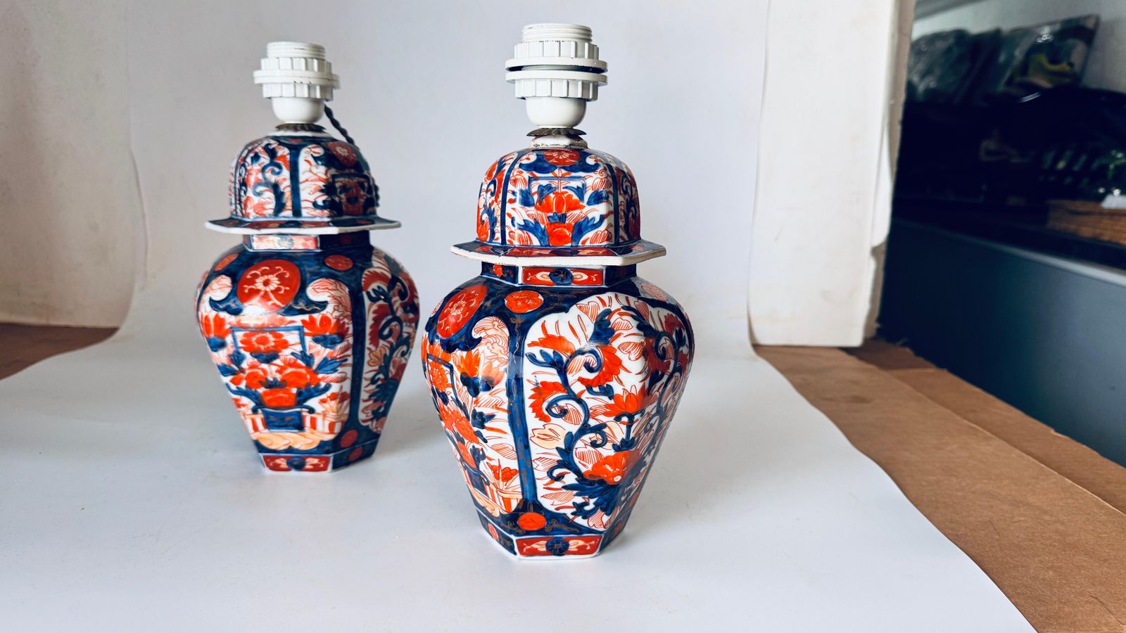 photo for sale Pair Of Early 20th Century Japanese Table Lamps, Floral Motifs, Orange And Blue