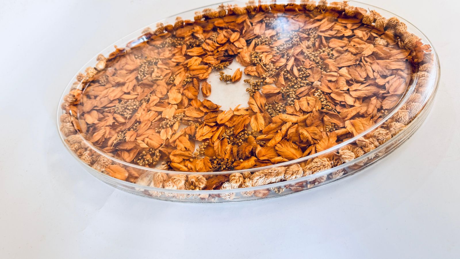 photo for sale 1970s Asian Hard Plastic Tray With Embedded Dried Flowers And Leaves, Oval Shape
