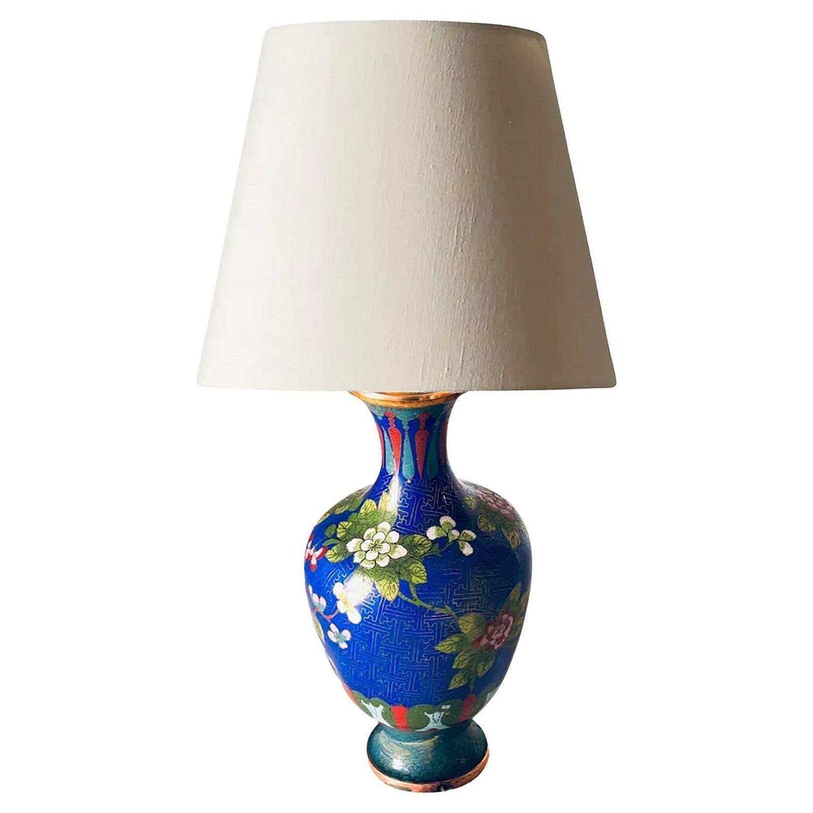 Early 20th Century Chinese Cloisonné Table Lamp, Floral Motifs, Brass Accents