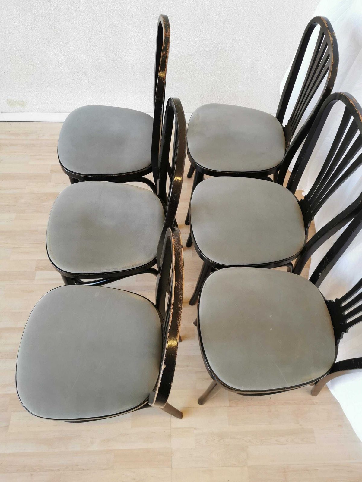 1 Of 6 Vintage Dining Chairs By Stol Kamnik Original / 1970s Yugoslavia / Mid Century Black Wooden Dine Chair With Gray Fabric Seat photo buy