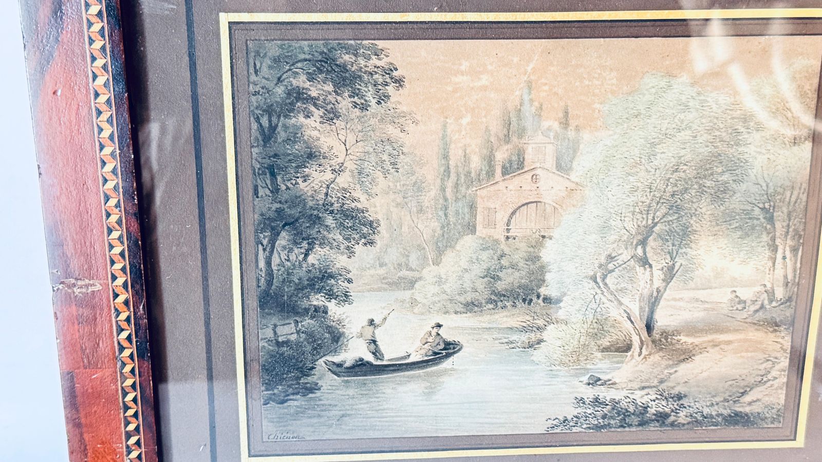 19th Century Watercolor By Claude Thiénon – River Scene With Boat And Church photo 671.0