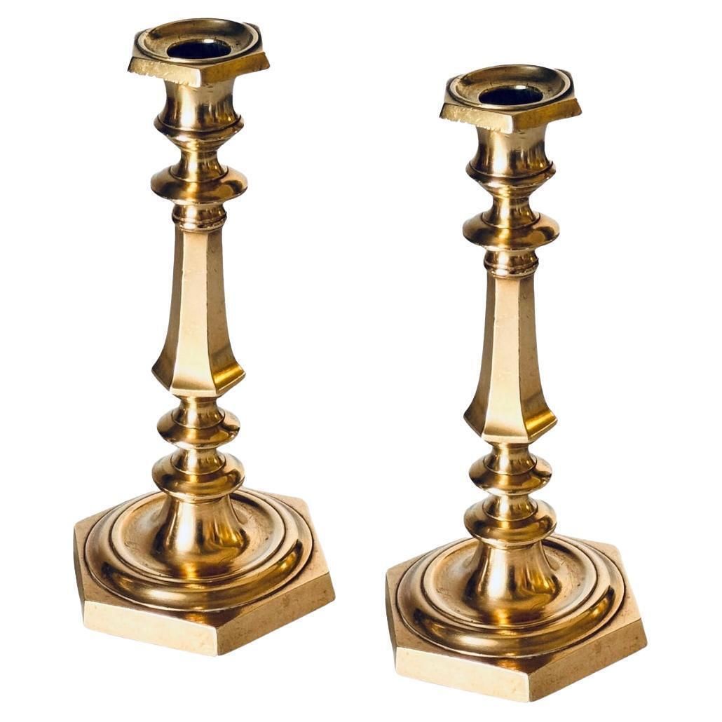 Pair Of 19th Century French Gilded Bronze Candlesticks Octagonal Base