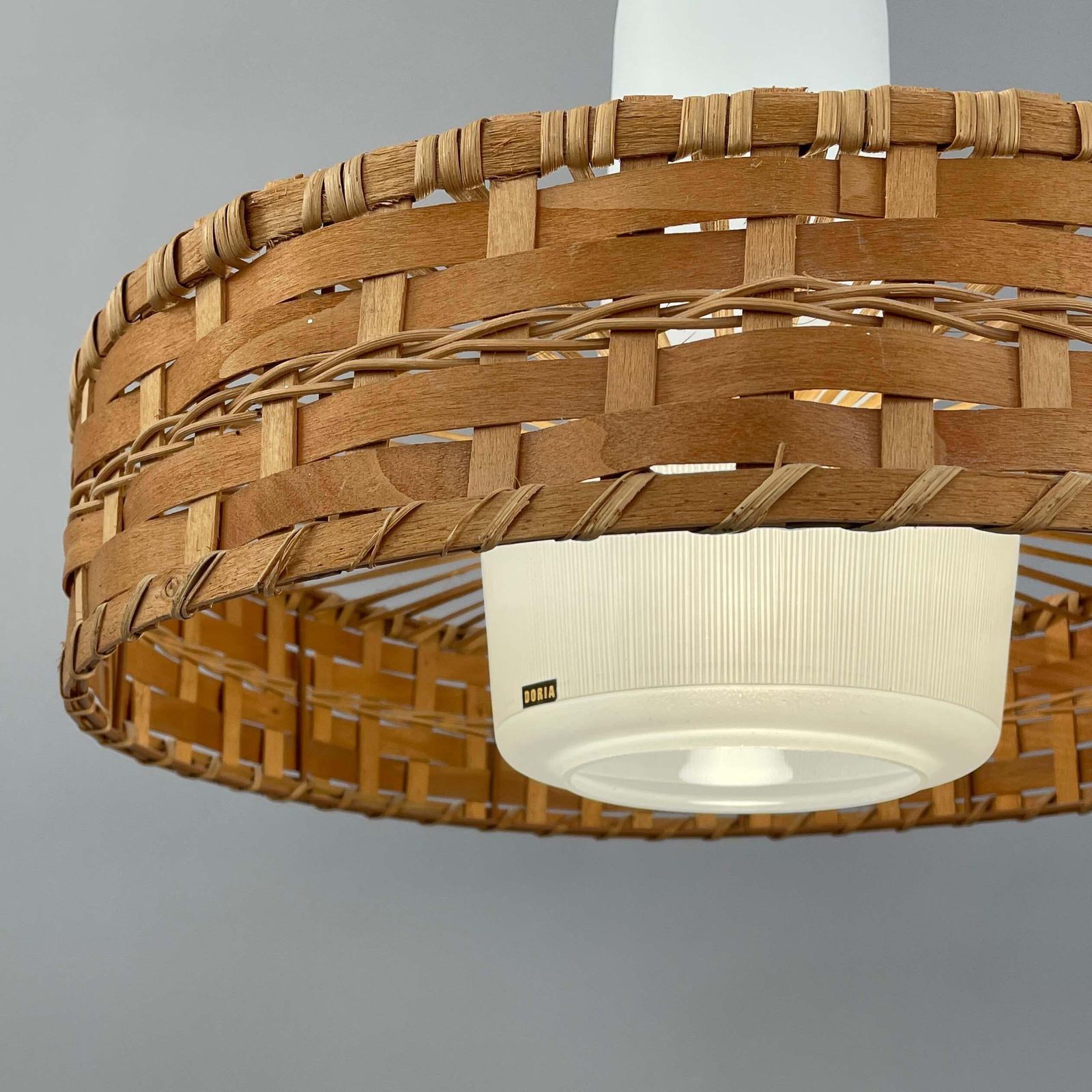 Rattan & Frosted Glass Pendant By Doria, Germany 1960s photo buy