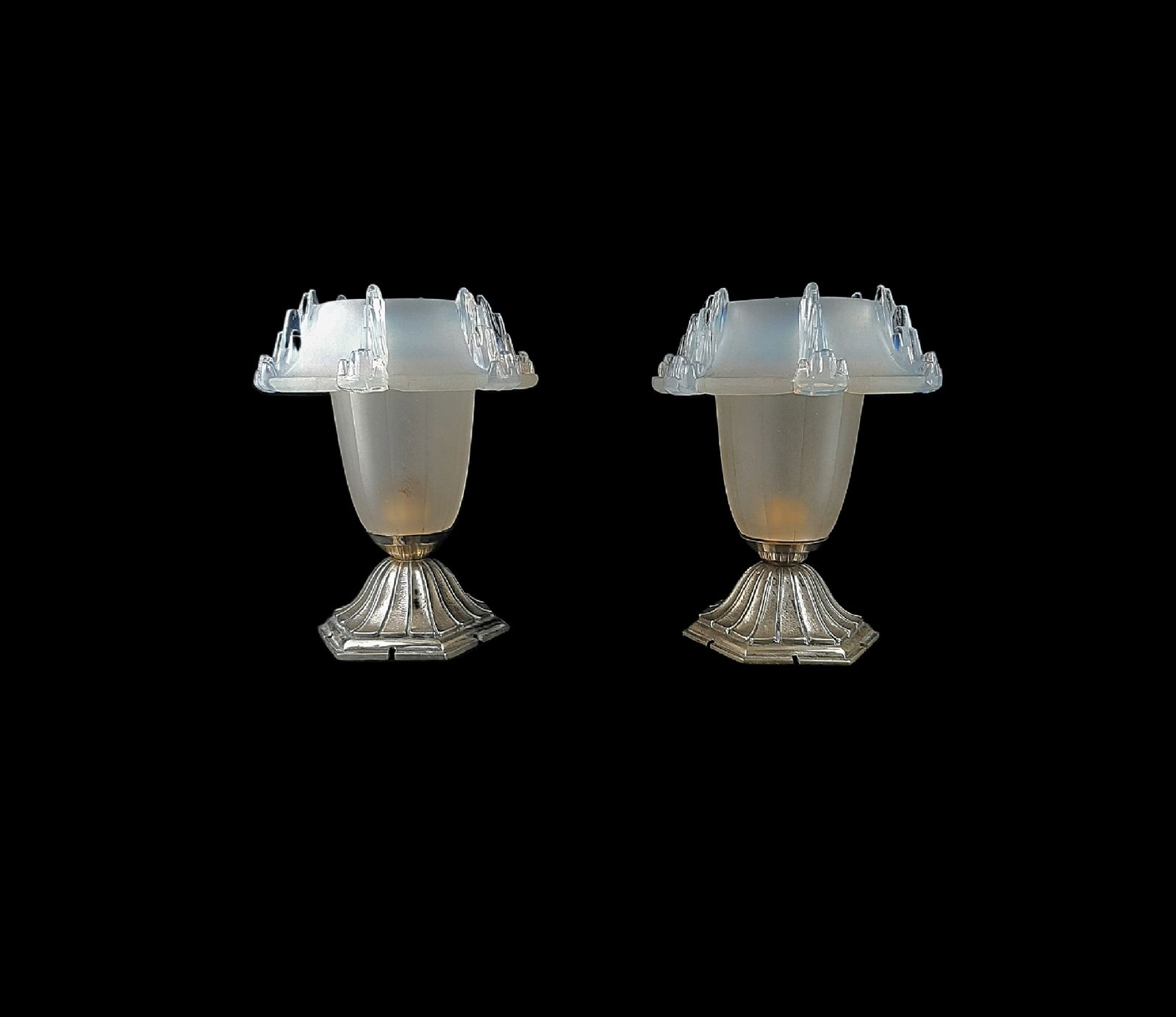 Pair Of Art Deco Lamps To Bookend Your Favourite Artwork Or Sculpture Opalescent Glass Shades Bronze Base France 1930s