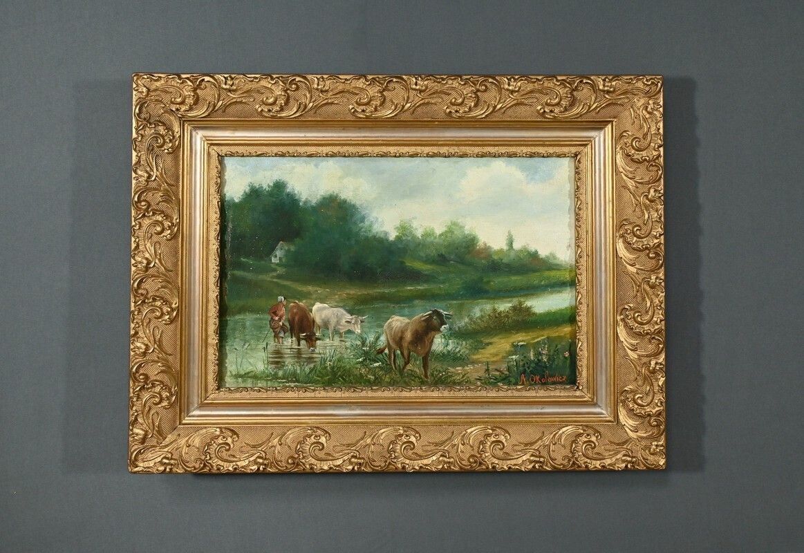 Oil On Canvas “Pastures” By N. Okolowicz – Early 20th Century