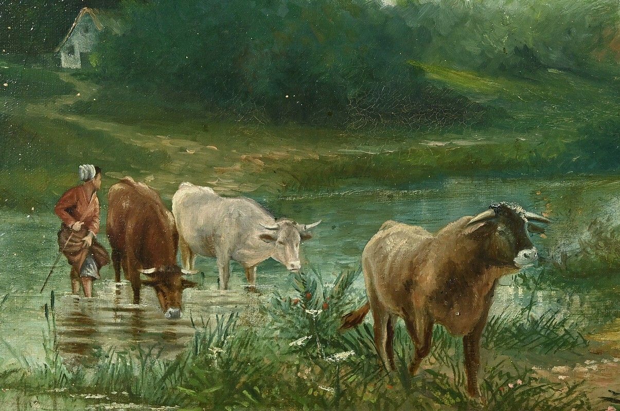 Oil On Canvas “Pastures” By N. Okolowicz – Early 20th Century photo 690.0