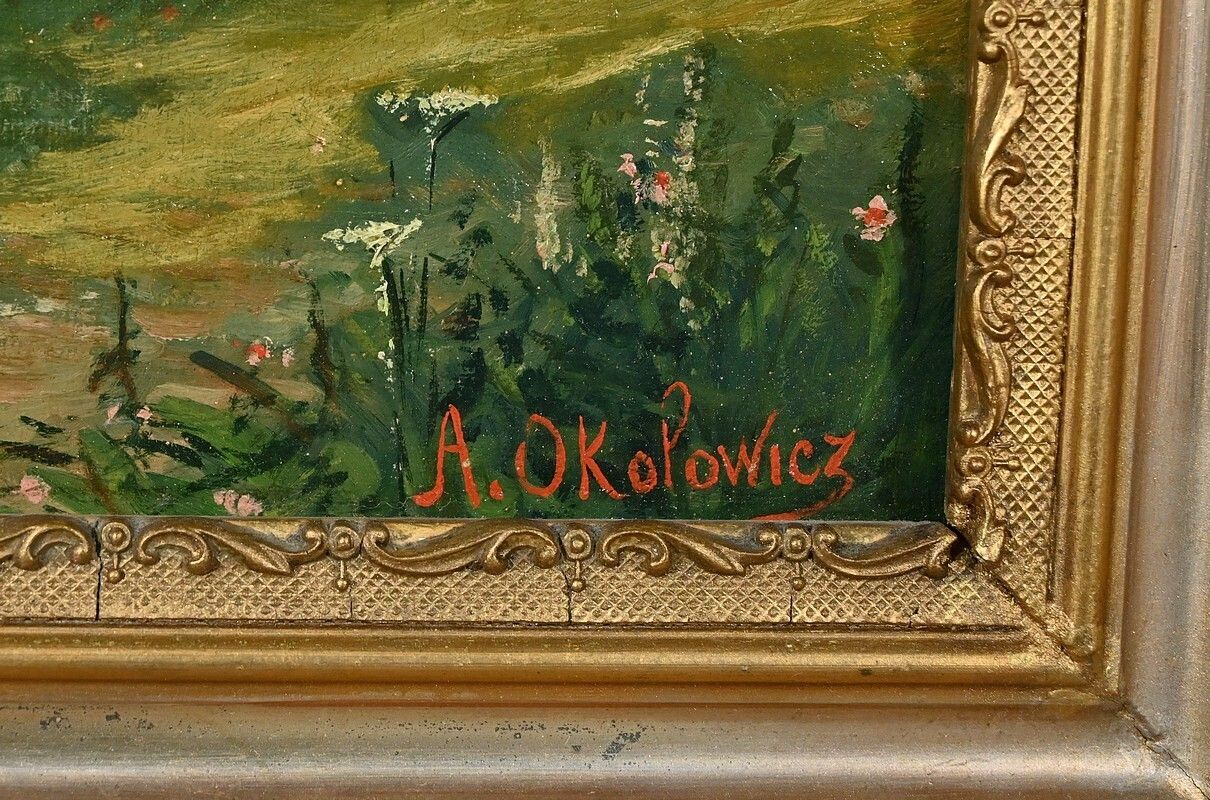 photo furniture Oil On Canvas “Pastures” By N. Okolowicz – Early 20th Century