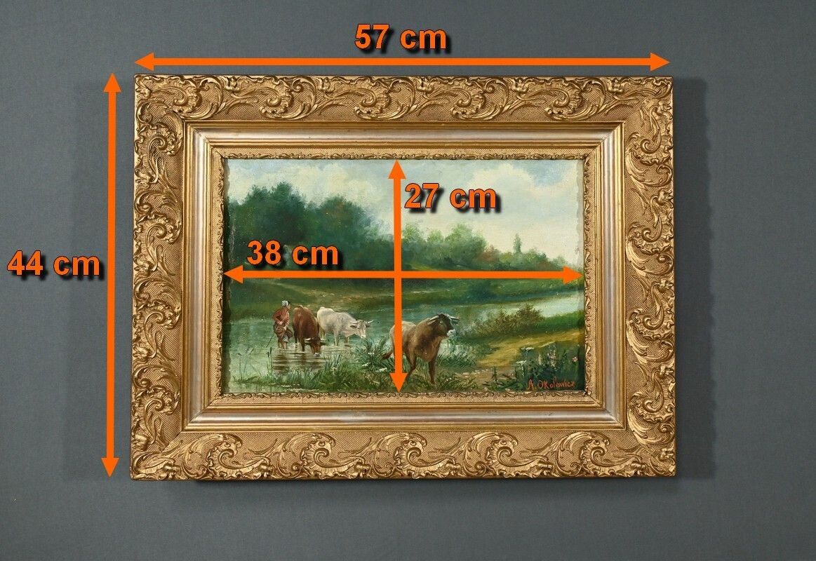 690.0 Oil On Canvas “Pastures” By N. Okolowicz – Early 20th Century photo