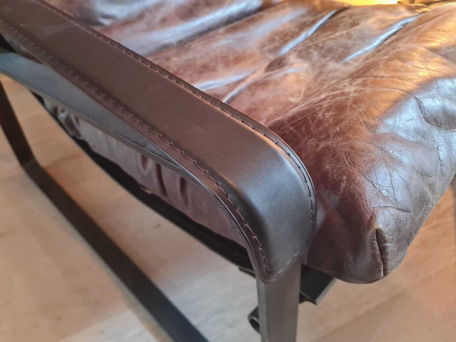 Industrial Style Leather Brown Armchair Steel Frame Used photo Furniture