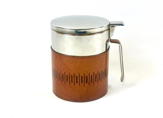 Mid Century Leather And Steel Ice Bucket From Grasoli, 1960s
