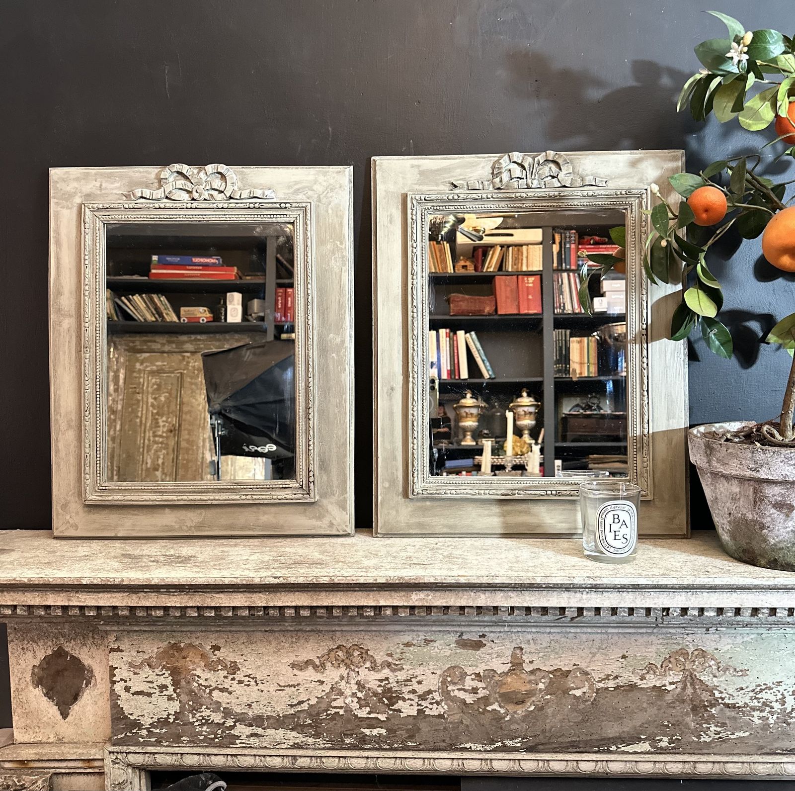 Really Pretty Pair Of Painted French Wall Mirrors – Soft ‘Eau De Nil’ With Dark Wax photo for sale