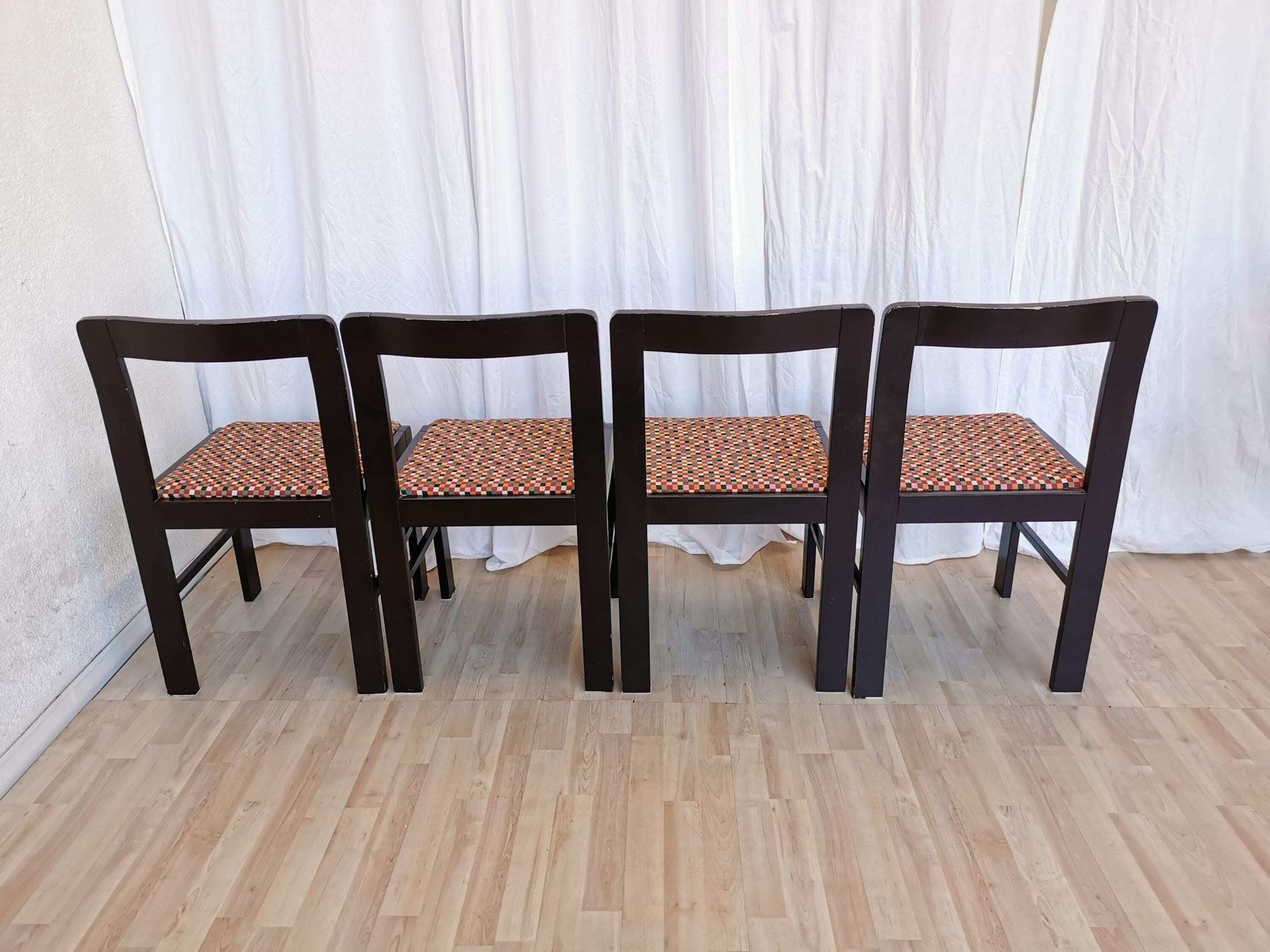 photo furniture 1 Of 4 Vintage Black Wooden Dining Chairs With Retro Fabric Seat / 1970s Yugoslavia / Eclectic Mid Century Dine Chairs / Pub Bistro Bar