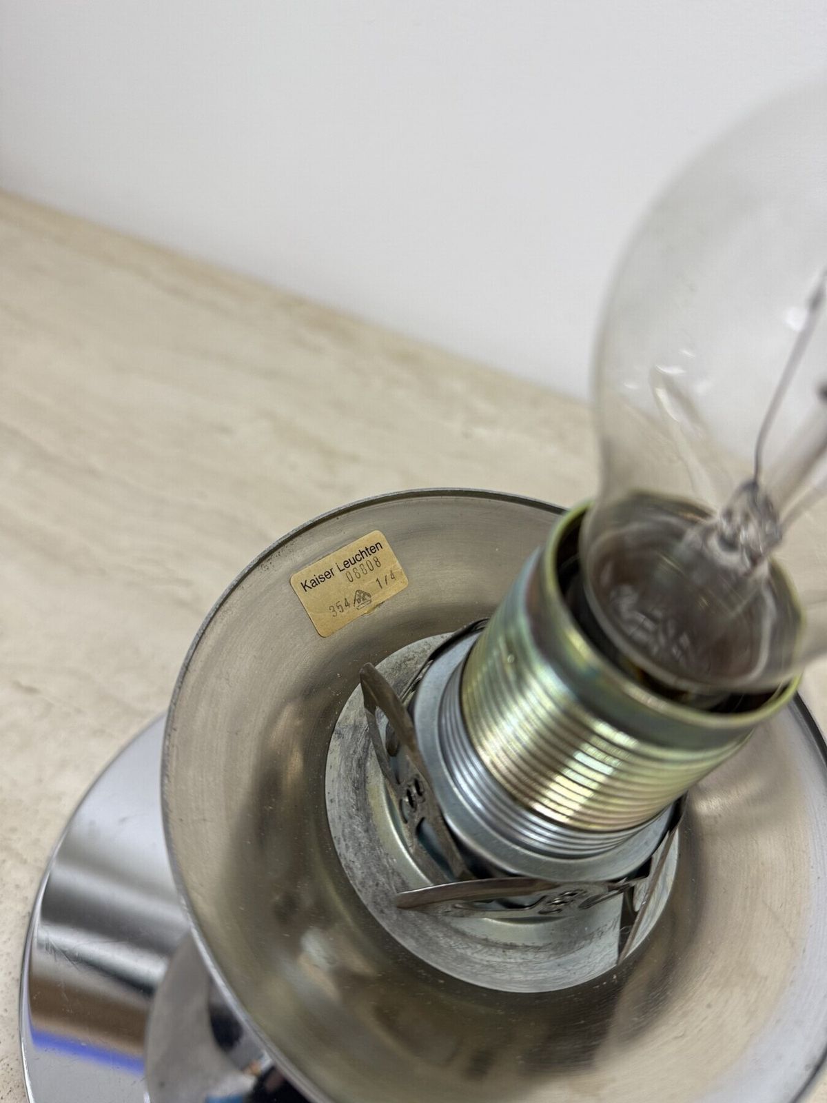 Opaline Glass Chromed Steel & Cast Iron Space Age Lamp By Kaiser Leuchten, 1970’s photo for sale