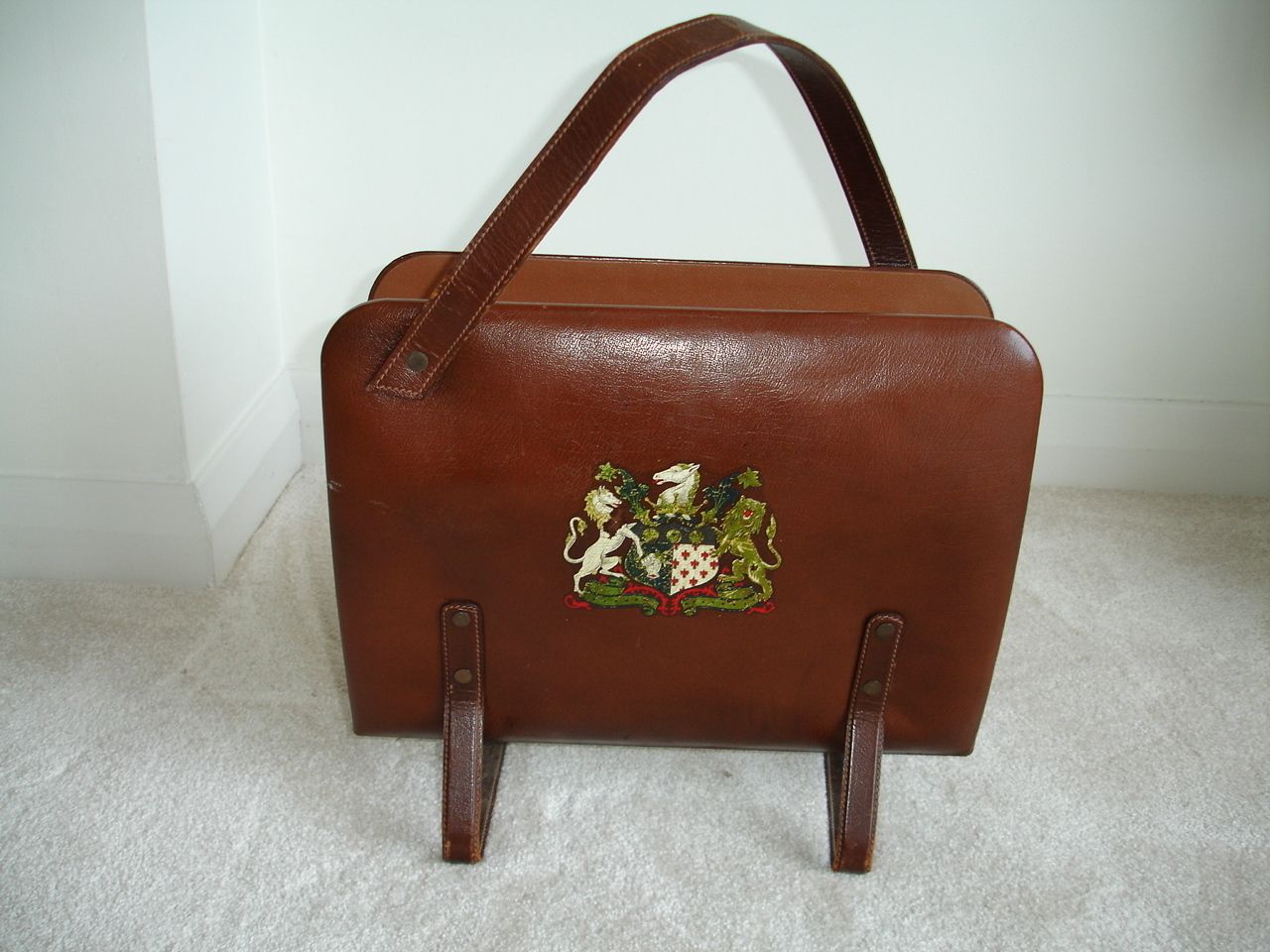 Leather Magazine Holder Heraldic Lion Rampant And Unicorn Newspaper Basket With Carry Handle