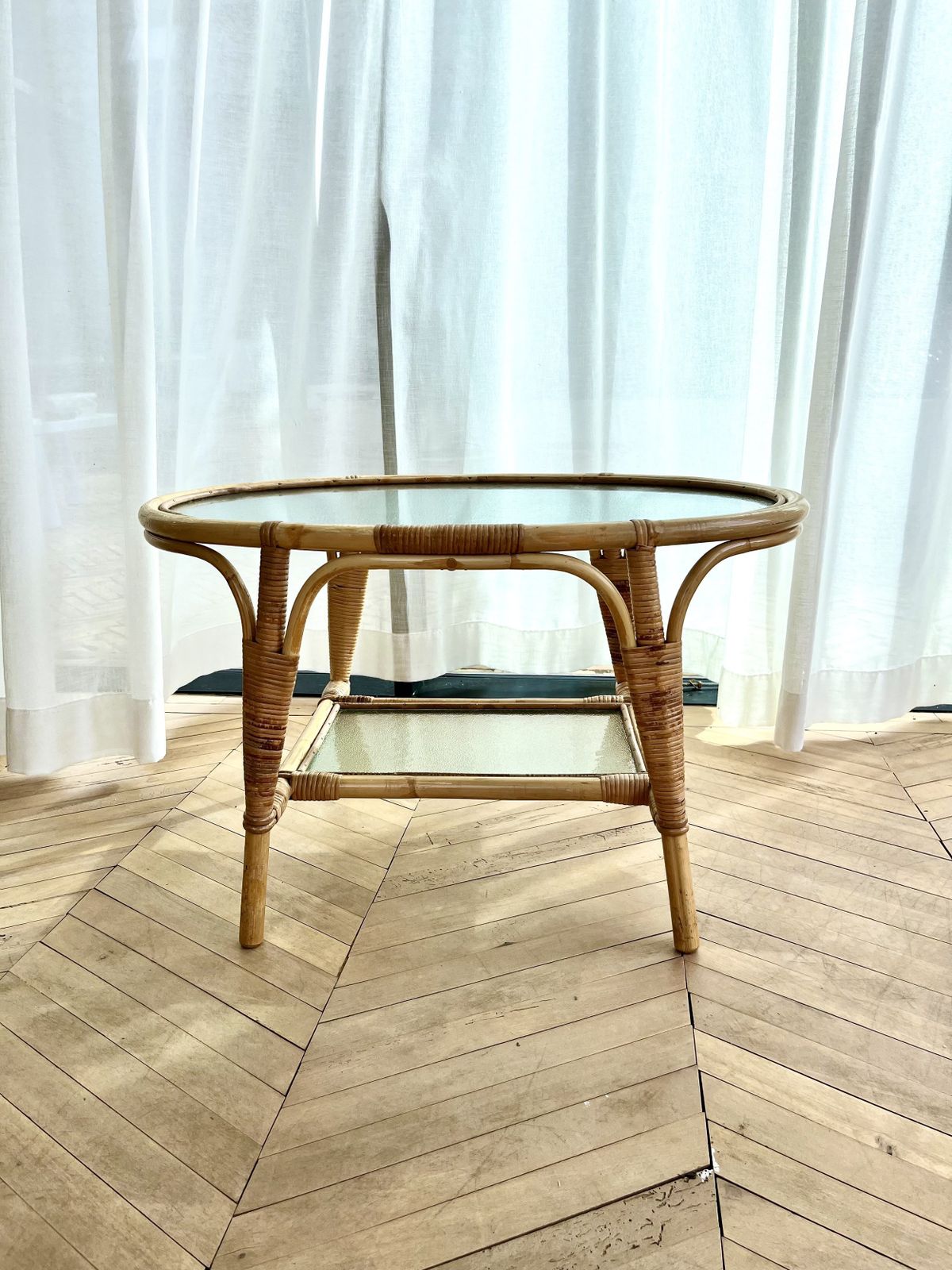 Vintage Bamboo, Cane & Mottled Glass Two Tier Oval Coffee Table photo furniture