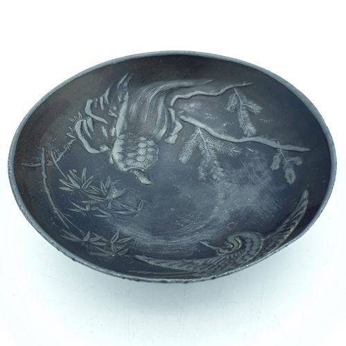 Japanese Metal Bowl Small Crane Turtle Meiji Taisho Hand Engraved Artisan Rare photo for sale