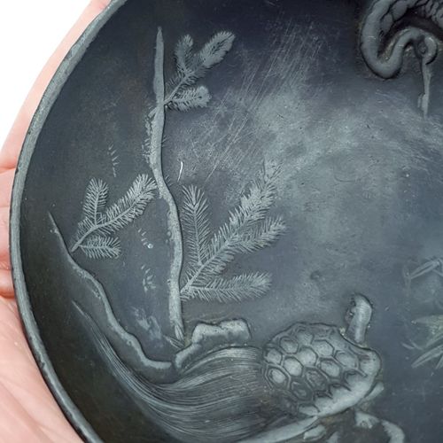 photo buy Japanese Metal Bowl Small Crane Turtle Meiji Taisho Hand Engraved Artisan Rare
