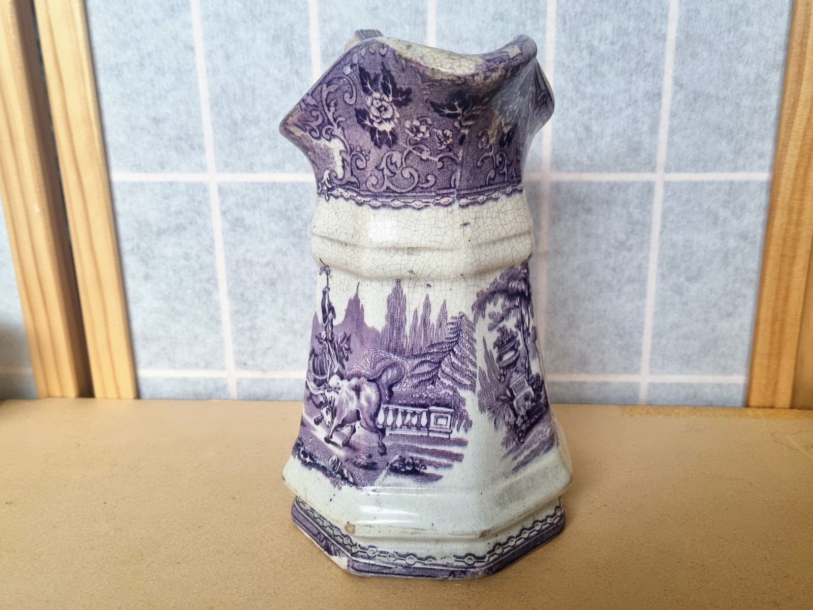 1800s Bell & Co Glasgow | Purple Transferware Bull Fighting Pitcher | Victorian Scottish Pottery | Rare Spanish Scene Jug photo for sale