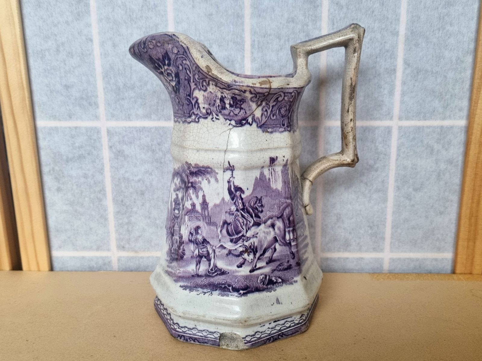 1800s Bell & Co Glasgow | Purple Transferware Bull Fighting Pitcher | Victorian Scottish Pottery | Rare Spanish Scene Jug photo 235.0