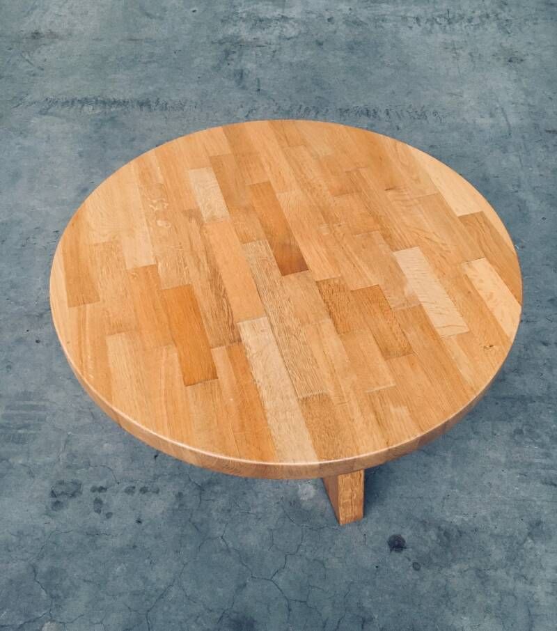 Brutalist Design Oak Round Coffee Table By Meubelfabriek Oisterwijk, Netherlands 1960's photo vintage