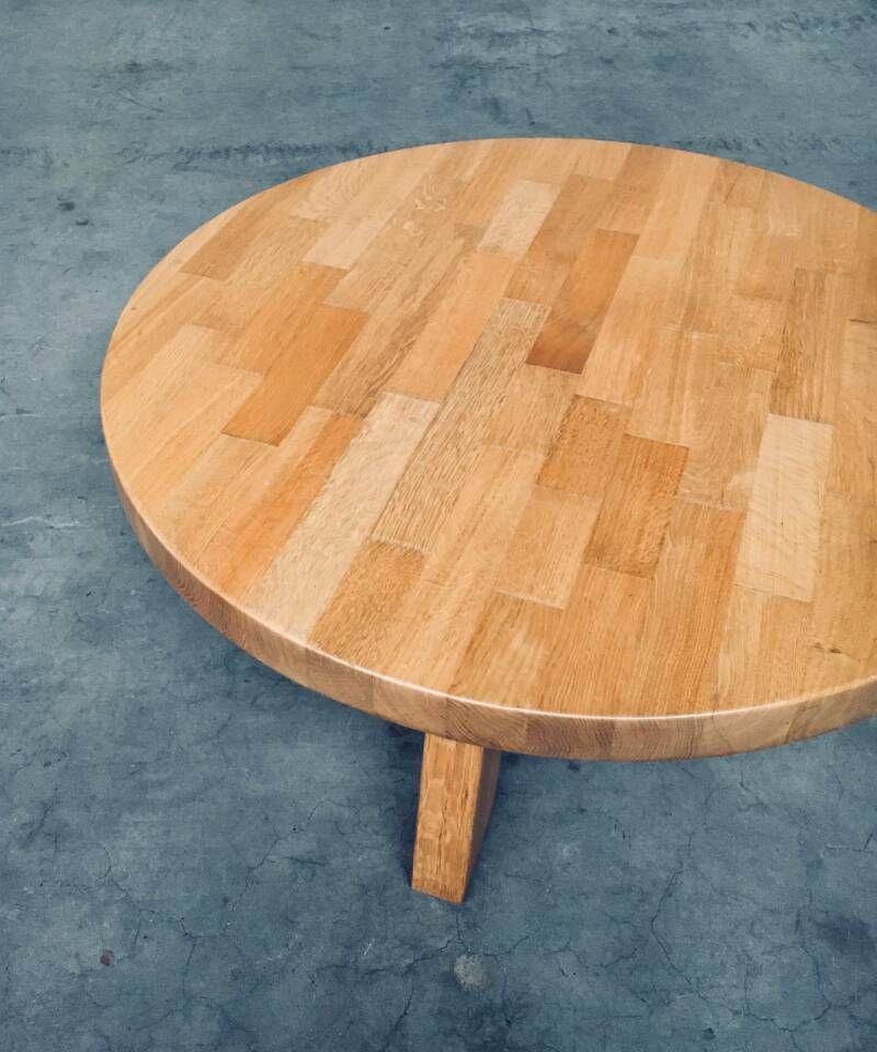 photo furniture Brutalist Design Oak Round Coffee Table By Meubelfabriek Oisterwijk, Netherlands 1960's