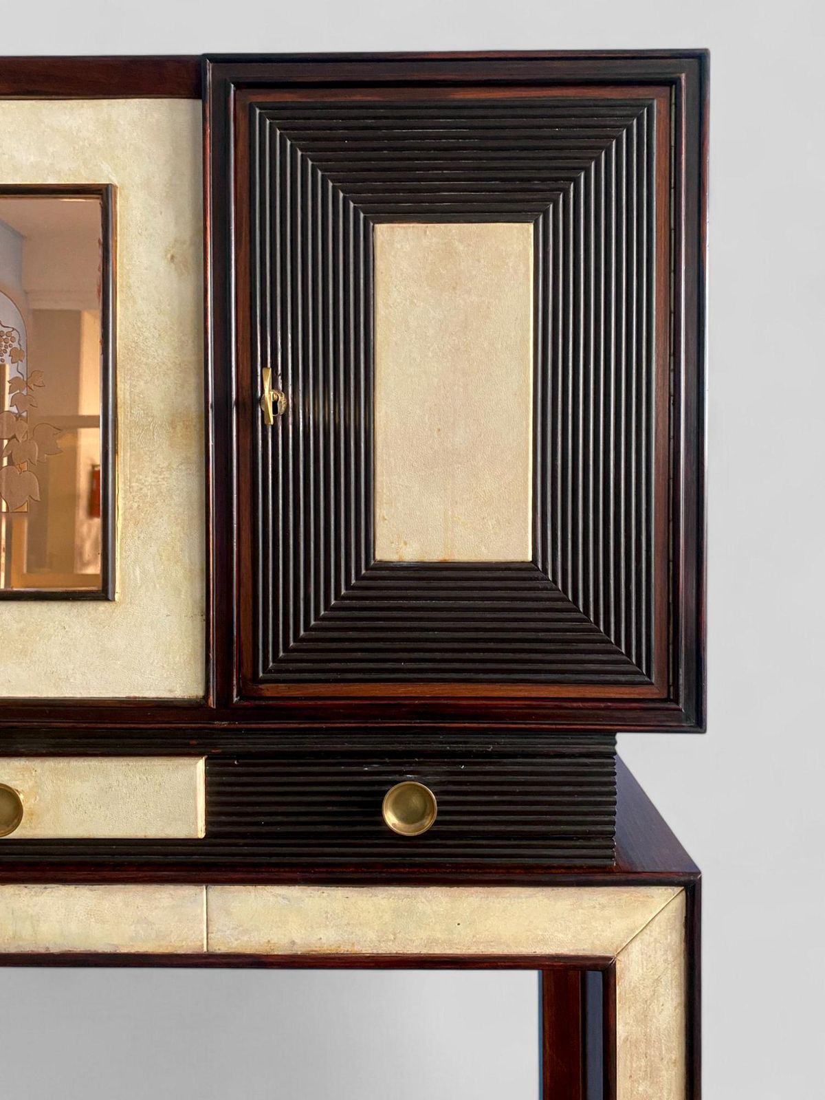 photo for sale Italian Art Deco Parchment Cabinet Bar Attributed To Osvaldo Borsani, 1940s