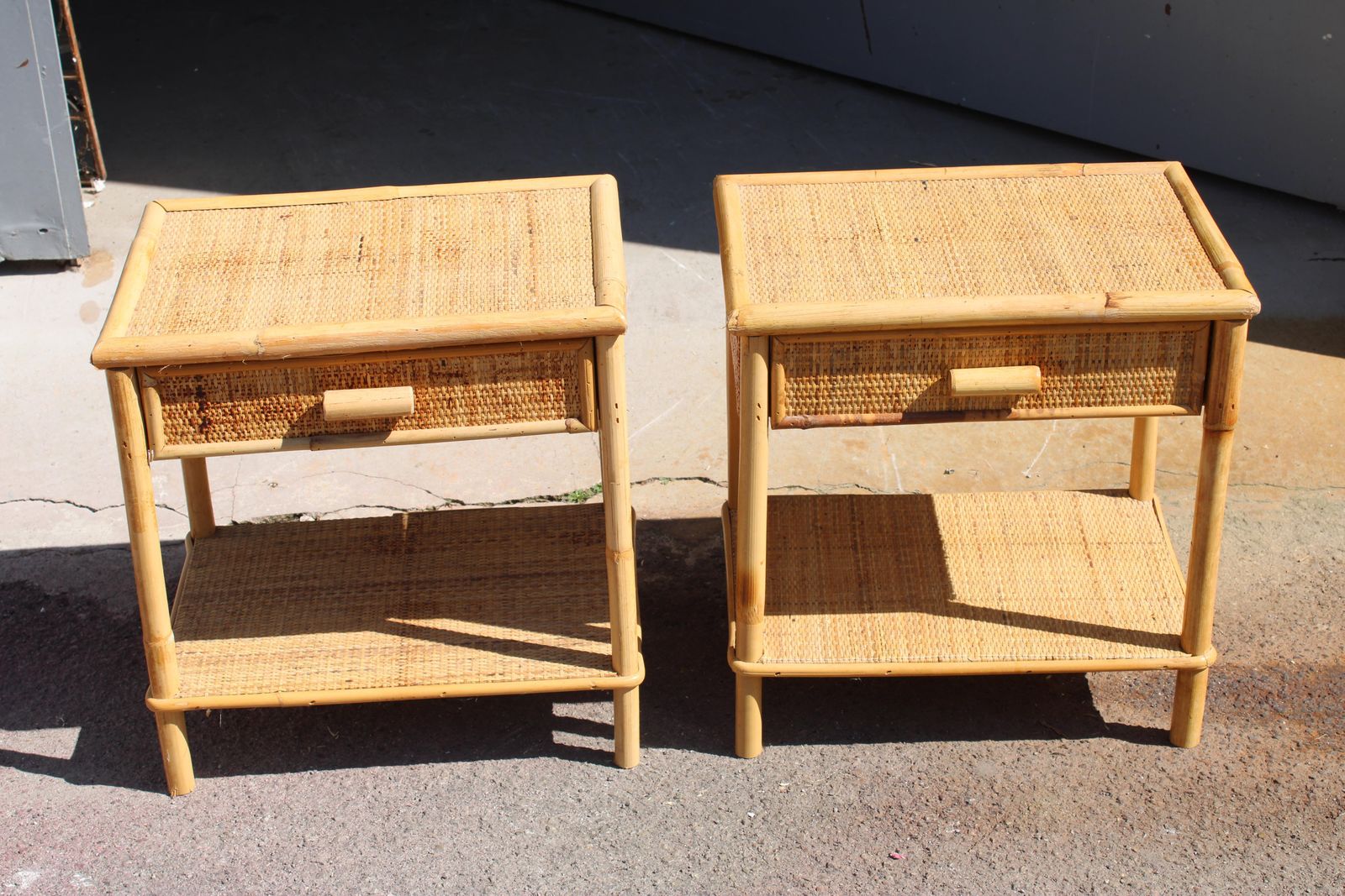 photo vinterior Pair Of 1950 Bamboo Nightstands With Drawers And Shelves Italian