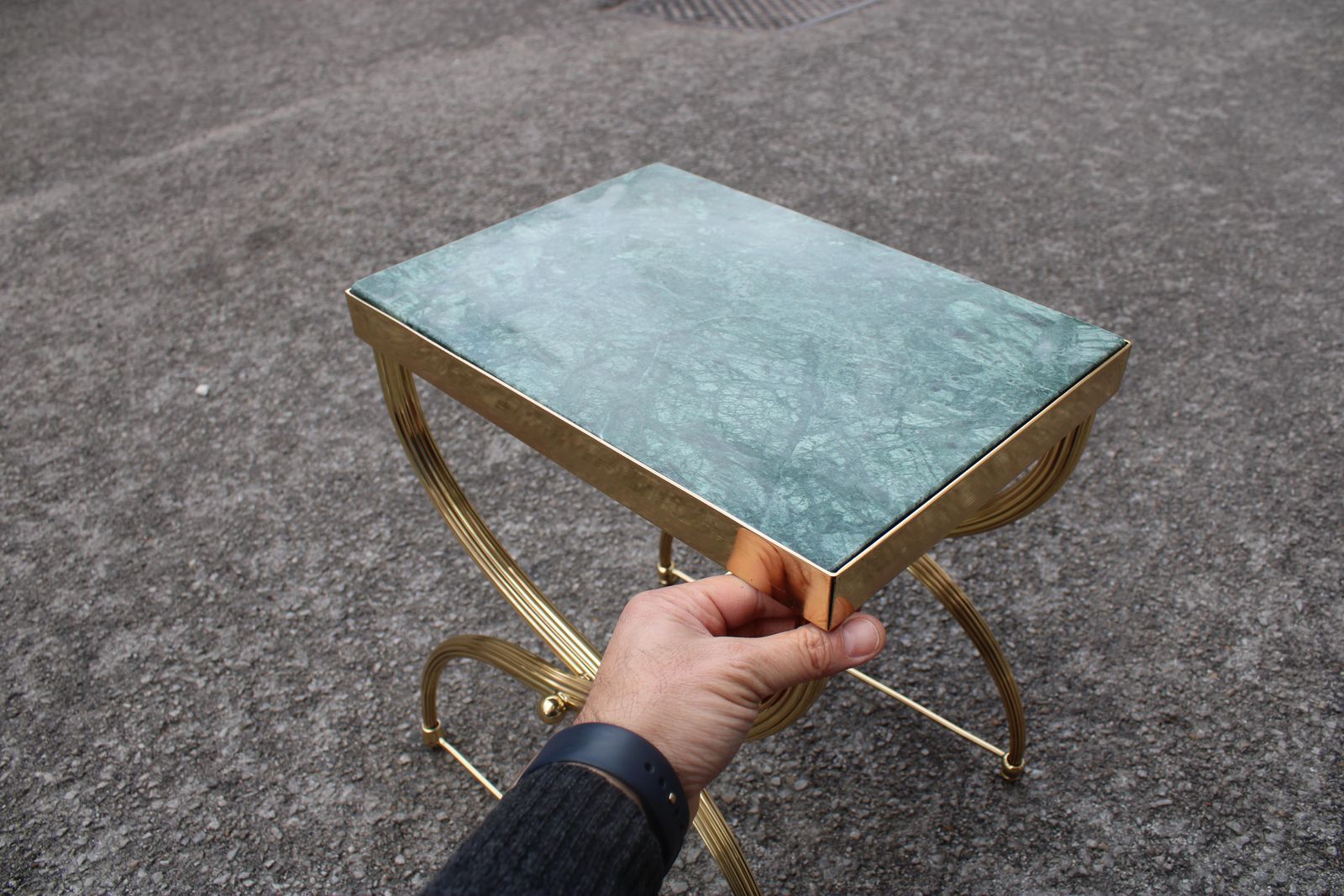 Furniture Shaped Brass And Marble Coffee Table Green Italy 1950 Style Paolo Buffa photo