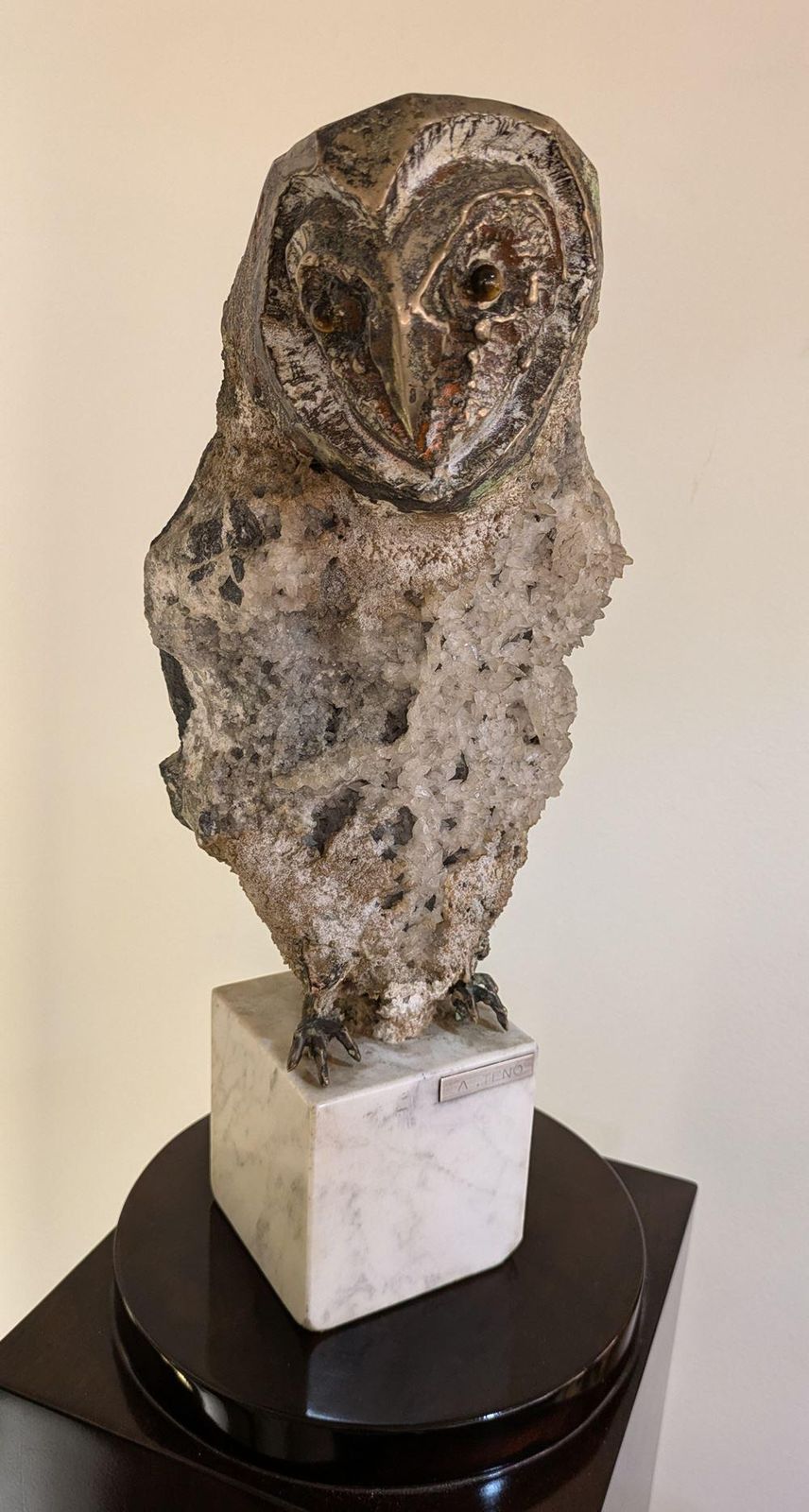 Aurelio Teno (1927/2013) Owl Shaped Sculpture, Natural Stone And Bronze photo furniture