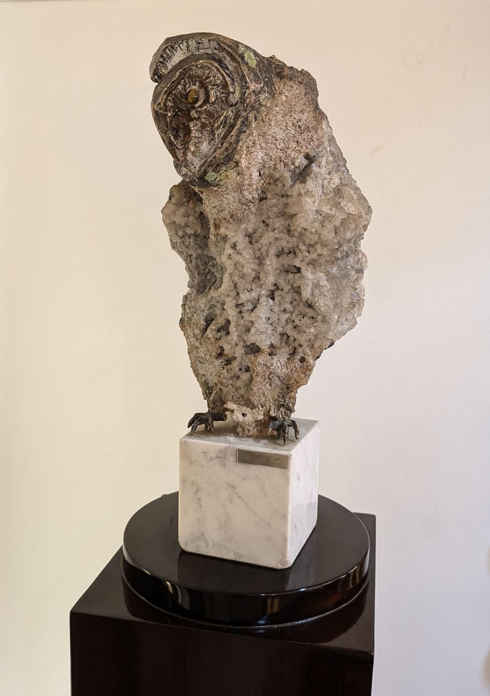 photo for sale Aurelio Teno (1927/2013) Owl Shaped Sculpture, Natural Stone And Bronze